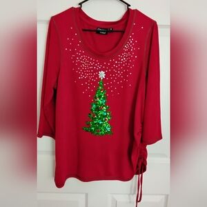 Womens Onque Chic Red Long Sleeve Swearter Top with Green Tree Design